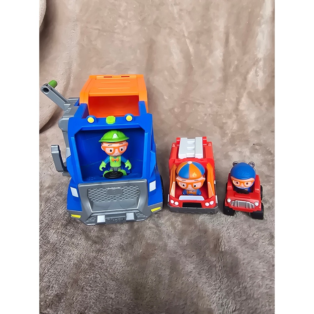Blippi Toy Vehicle Set Recycling Truck Fire Engine and Off-Road Car with Figures